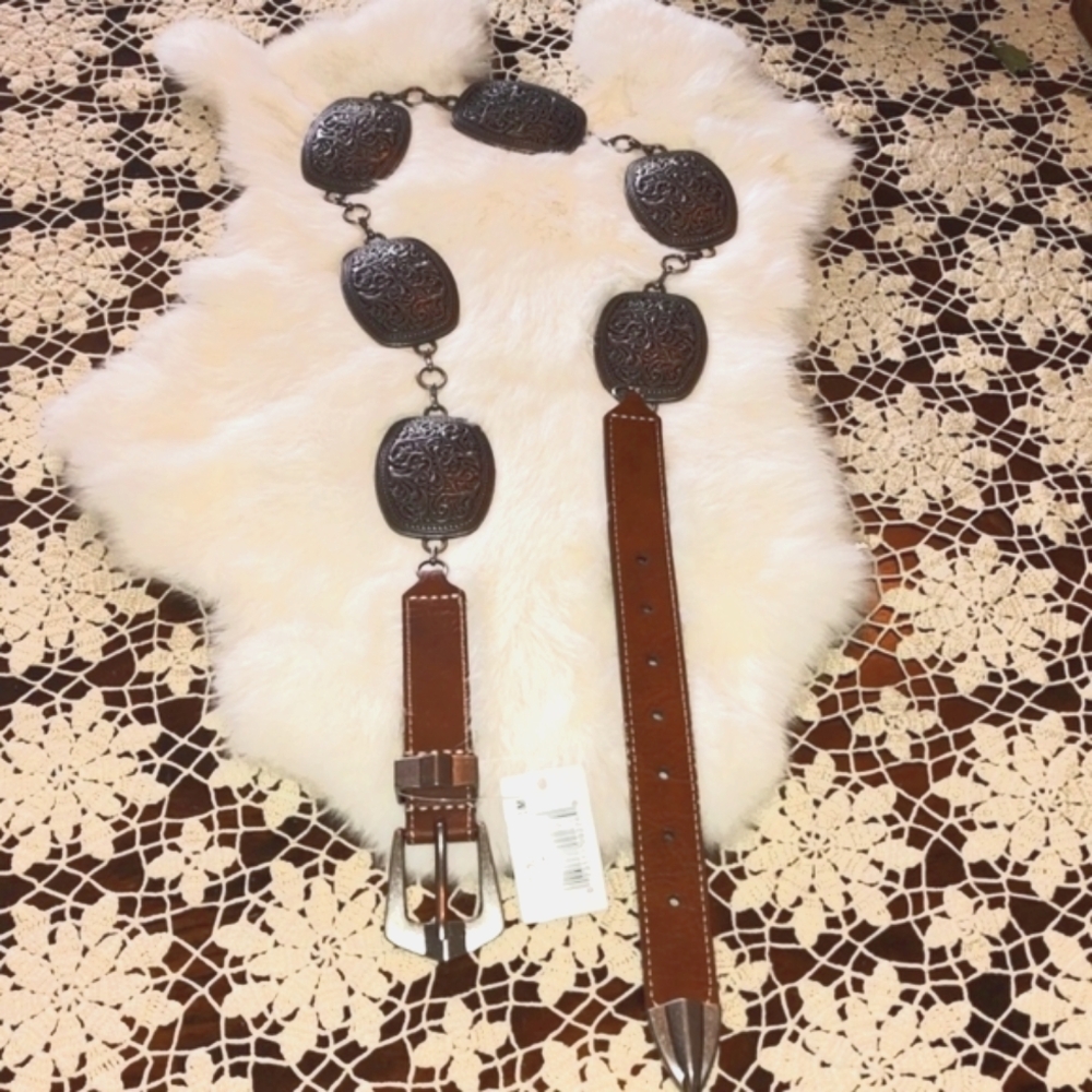 Catchfly Leather Silver Tone Embossed Metal Western Bohemian Belt NWT SZ: M